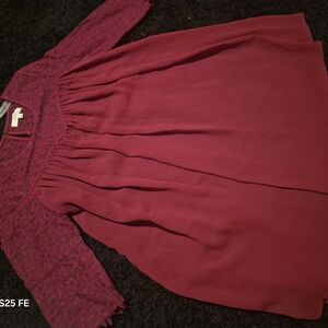 Burgundy Lace Yoke Long Sleeve Flowy Dress